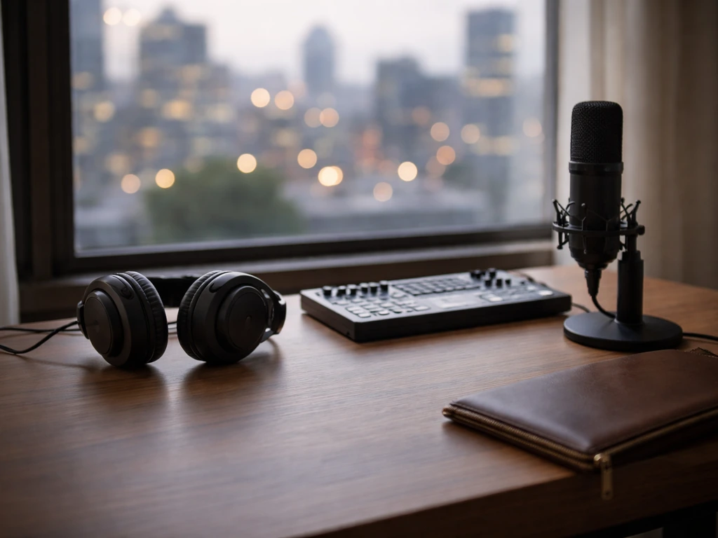 Minimal music producer studio desk with headphones and a small cash envelope, symbolizing wealth in media