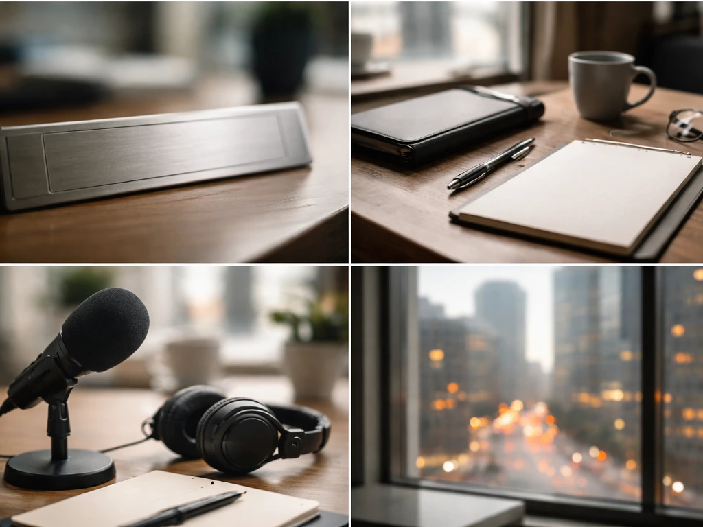 Minimal collage of four blurred nameplates and business objects symbolizing the search for other famous Nicolases