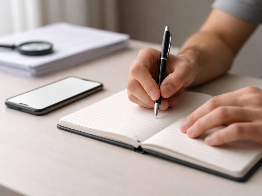 Minimal desk scene with a notebook, pen, and a smartphone showing a blank page, symbolizing net worth verification.