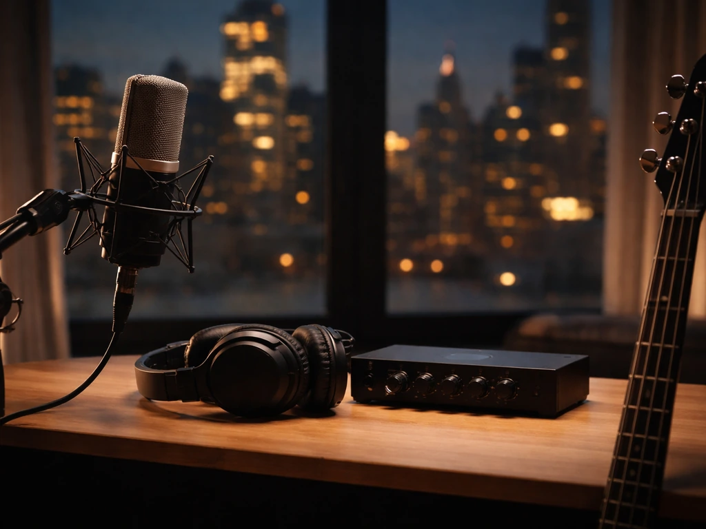 A quiet music studio desk with audio equipment and a dark city backdrop suggesting a rock musician’s career