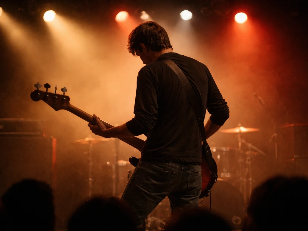 A dimly lit rock concert stage with an anonymous bassist playing under warm spotlights.