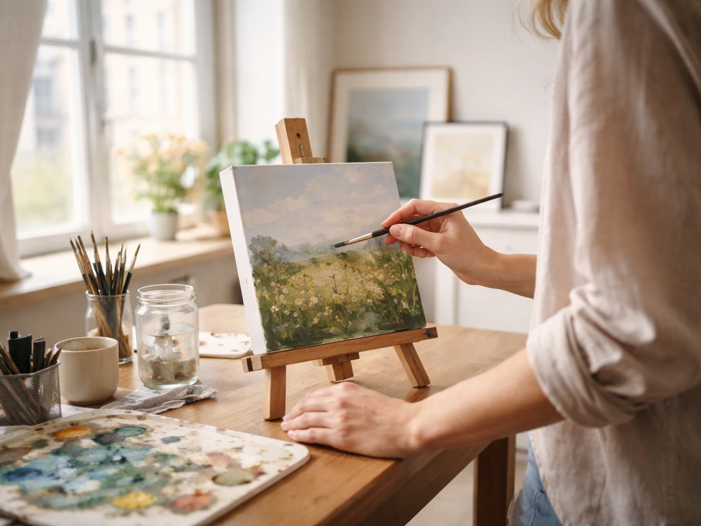 Artist-style couple’s home studio with a paint-stained window and neatly arranged art supplies