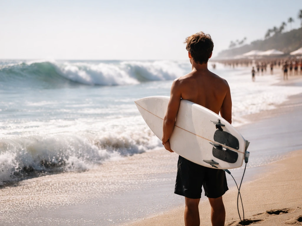 A dramatic youth surfing scene in San Clemente-style conditions with a board and event atmosphere