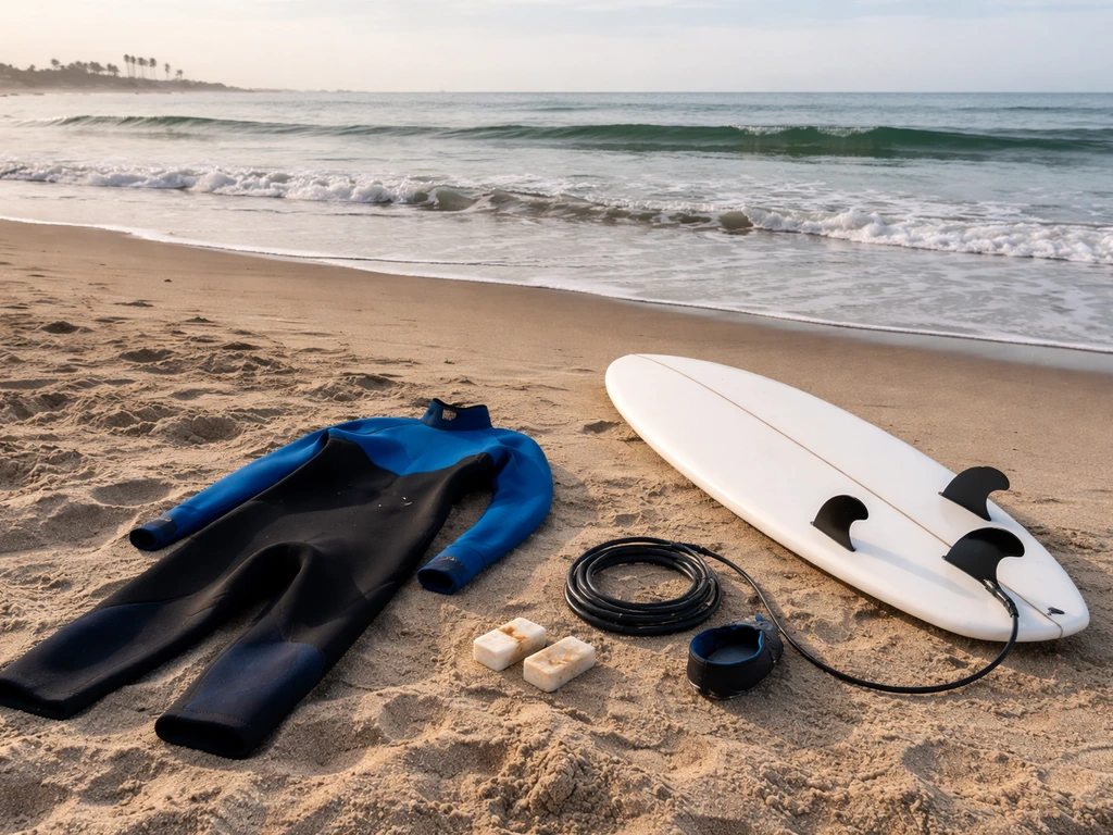 Young surfer board and wetsuit gear on a San Clemente beach near gentle waves, hinting at youth competitions