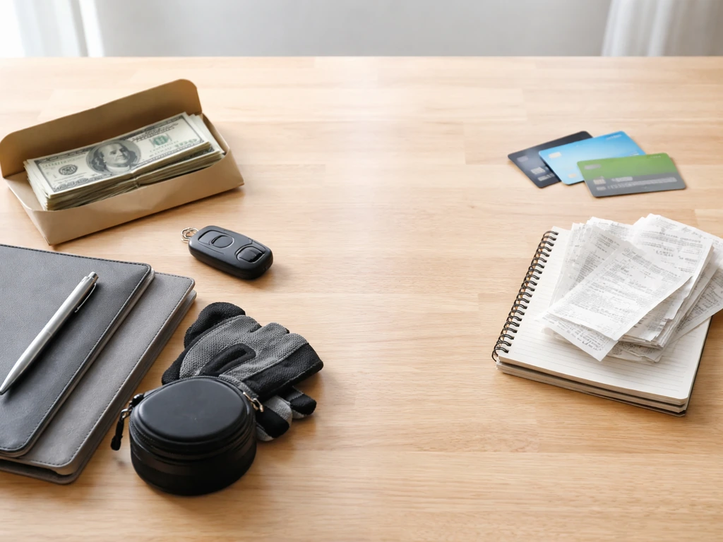 Minimal desk photo with asset items on one side and debt-like items on the other, symbolizing assets minus liabilities.