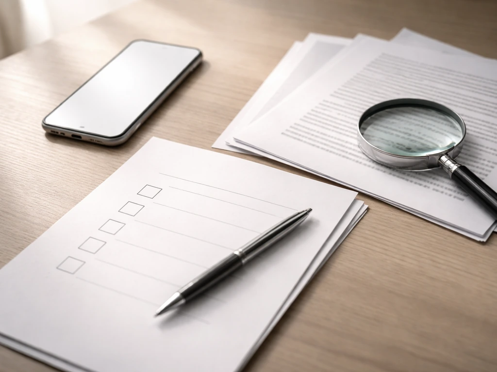 Minimal desk with checklist paper, pen, documents, magnifying glass, and a blank smartphone screen.