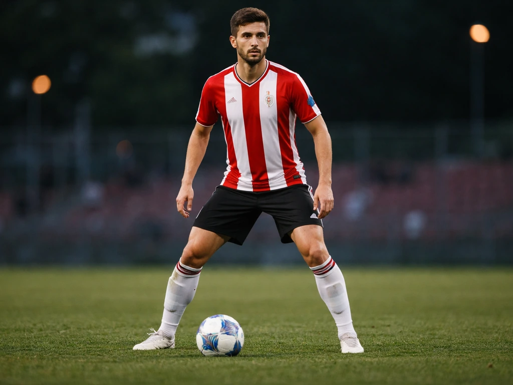 Anonymous Argentine football center-back in red-and-white kit on a quiet stadium pitch, ball by his feet.
