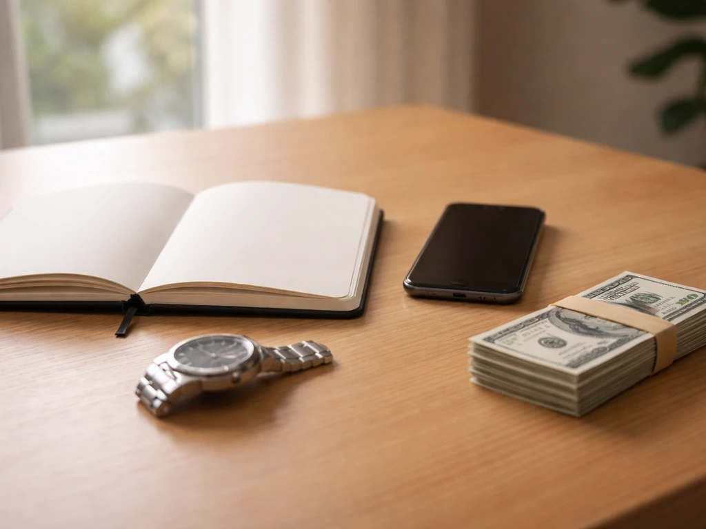 Minimal desk scene with cash, notebook, phone, and watch symbolizing money and media finance analysis.