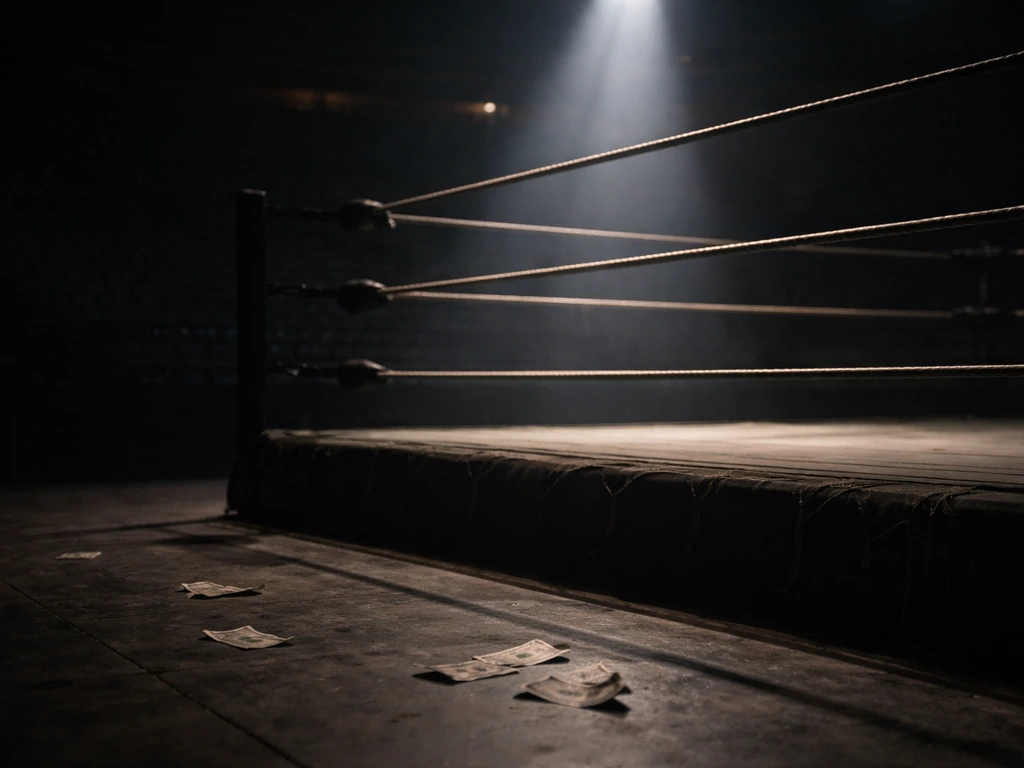 A vintage wrestling ring backdrop with scattered cash-like bills and dramatic lighting, symbolizing peak-era earnings