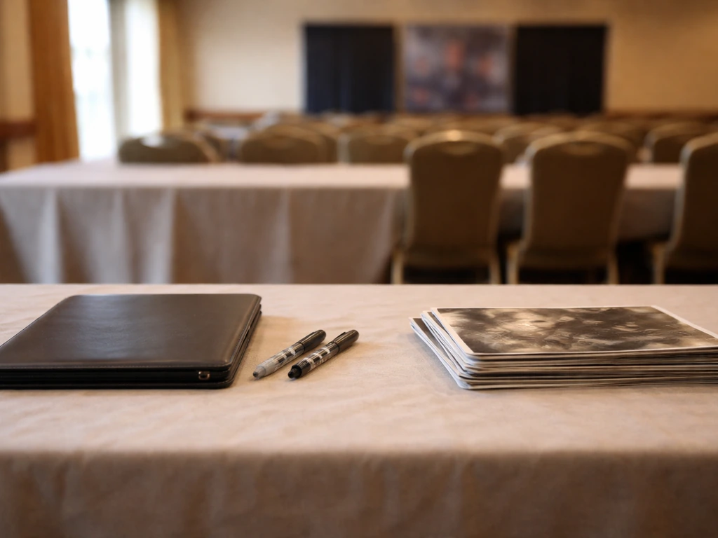Empty autograph convention table with pens and photos in a quiet conference hall.