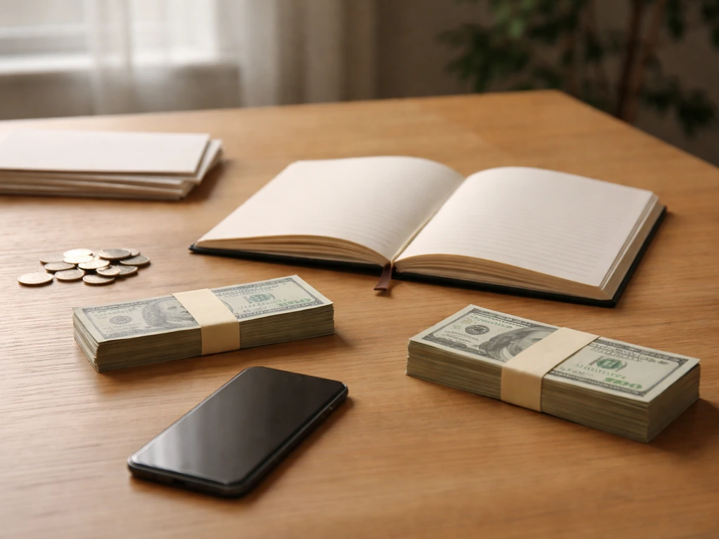 Home office desk with coins and generic cash bundles beside blank notebooks, suggesting differing wealth estimates.