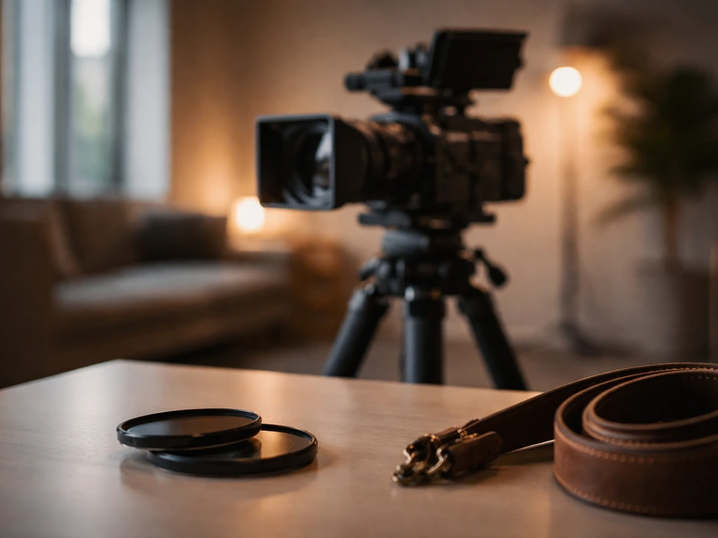 Minimal photo of a film director of photography workspace with camera gear and a hint of wealth-themed ambiance