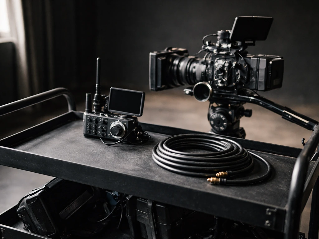 Minimal film set scene with a camera rig and monitoring equipment, symbolizing DP income from production work.