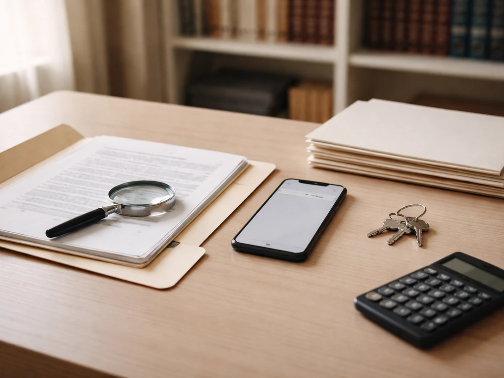 Minimal desk scene with an open document folder and phone, symbolizing checking public records.