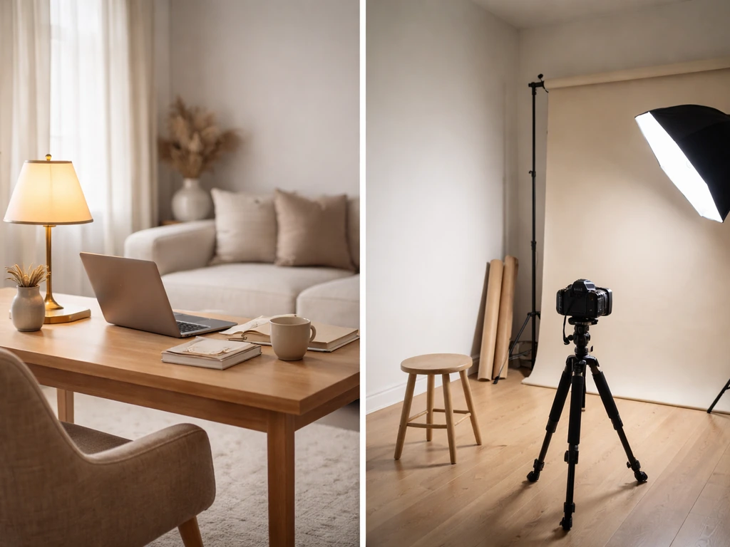 Minimal split-screen showing a blurred luxury home interior and a studio camera setup symbolizing net-worth verification