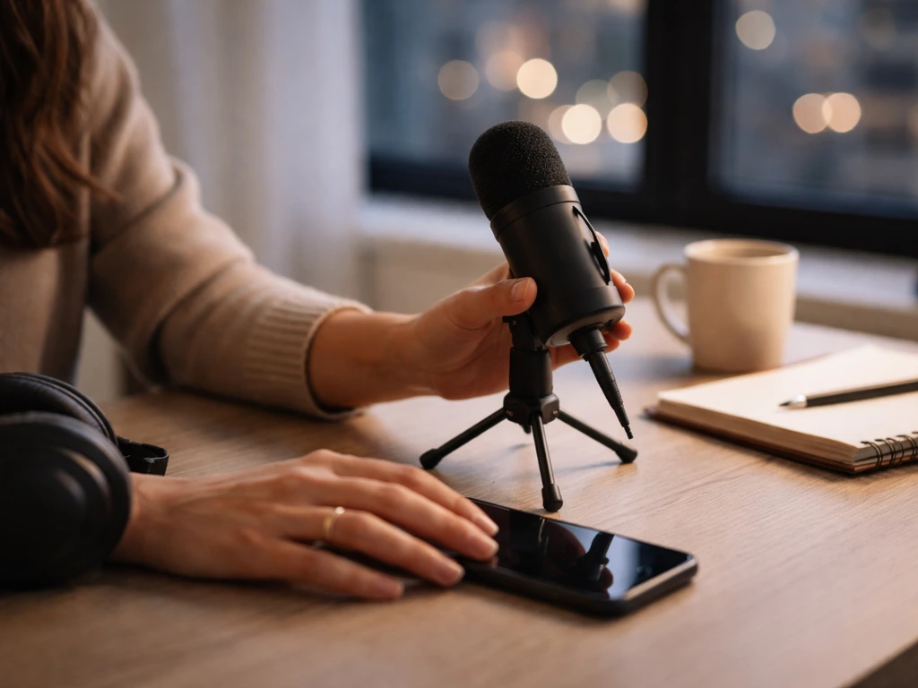 Anonymous hands adjust a podcast microphone on a minimal desk with a softly lit city window behind.