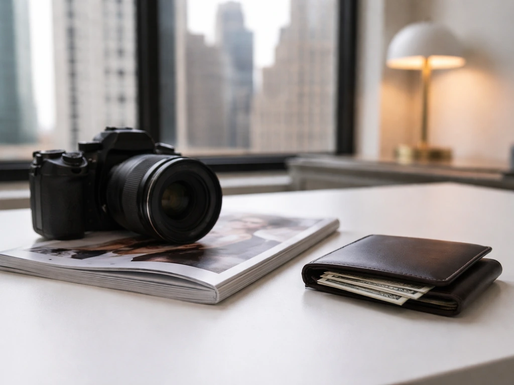 Minimal desk scene with a camera, fashion magazine, and wallet beside a blurred city view.