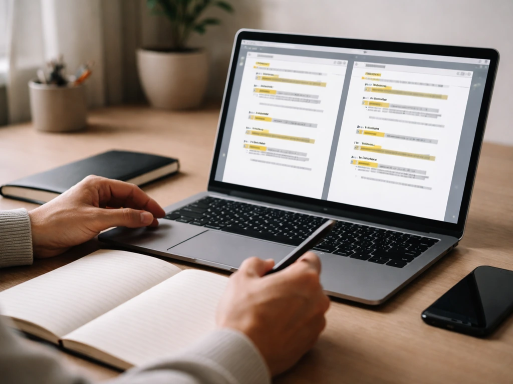 Person reviewing two open documents on a laptop with finance source notes, side-by-side verification.
