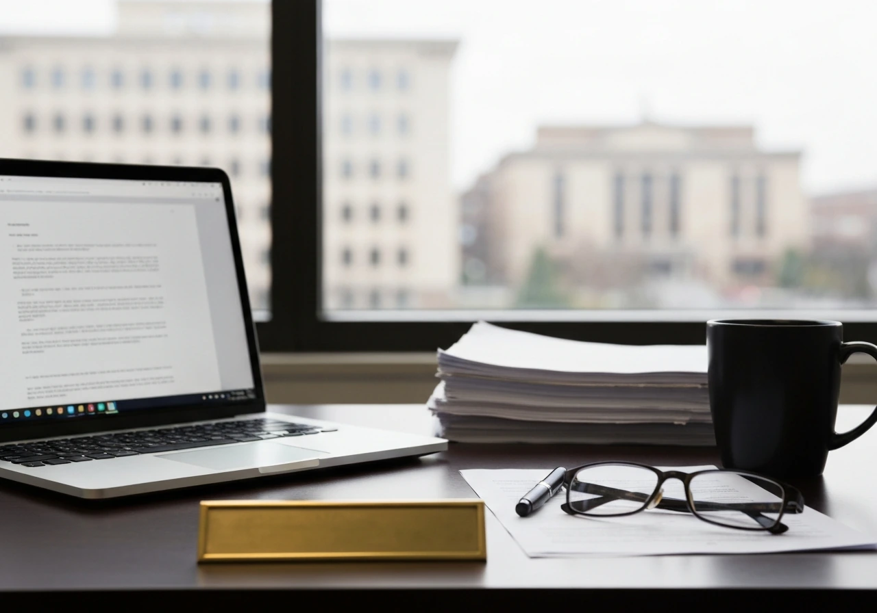 Anonymous university office desk with paperwork and an open laptop, suggesting careful identity verification.