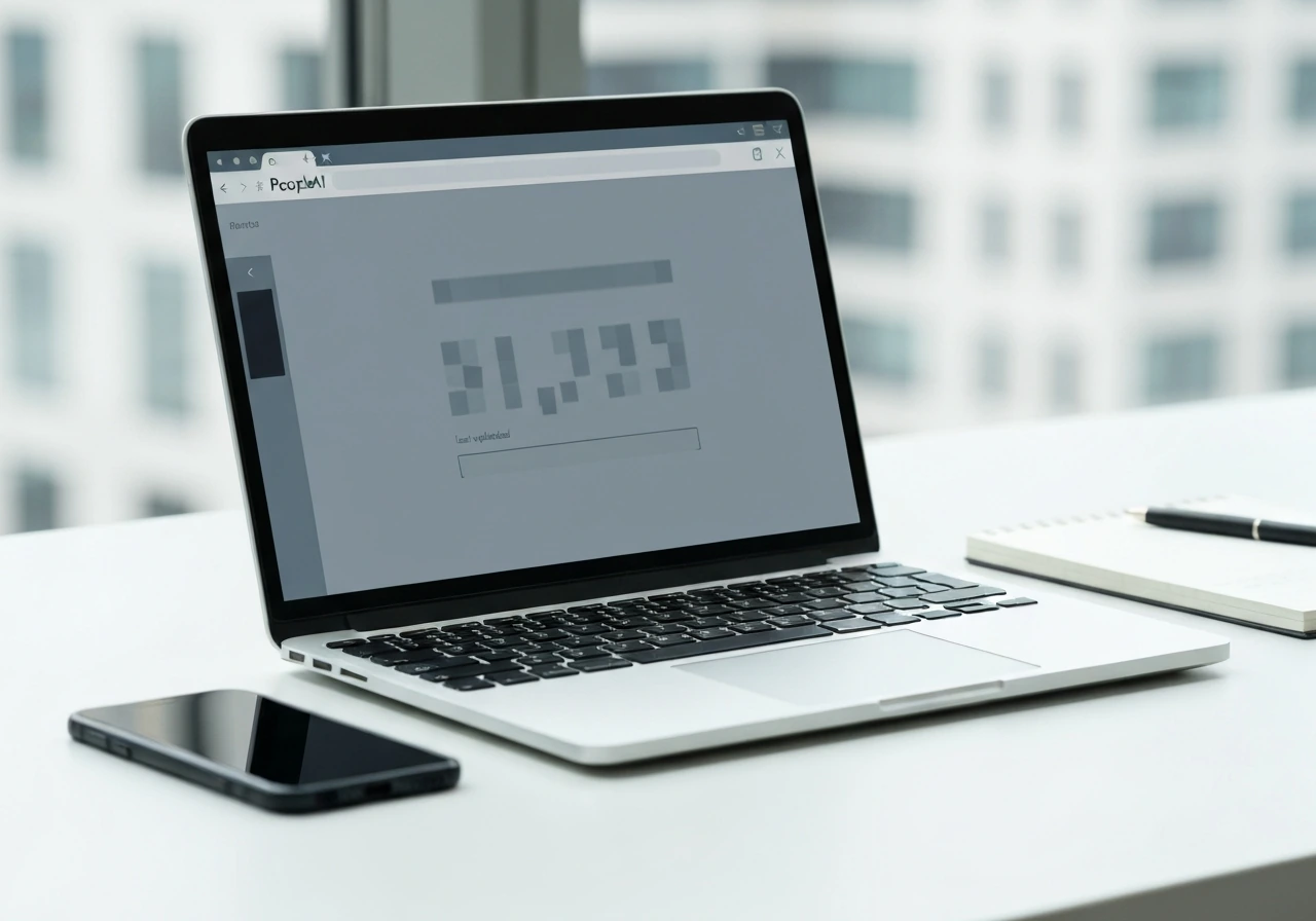 Laptop on a desk showing a blurred algorithmic net worth-style page as evidence, with natural light.