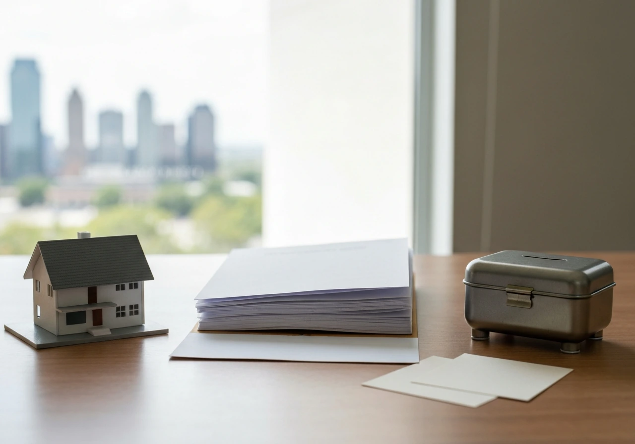 Minimal photo collage of real estate, investment items, and a retirement concept on a desk