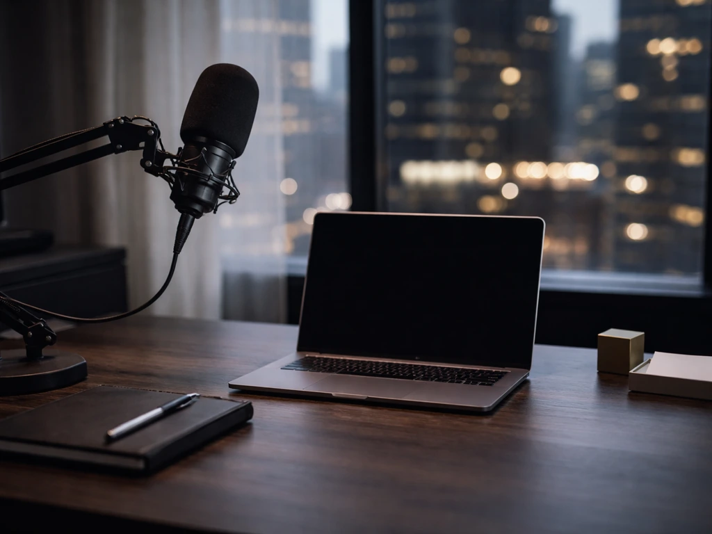 Empty executive desk in a modern media office with a studio microphone and city-window light.