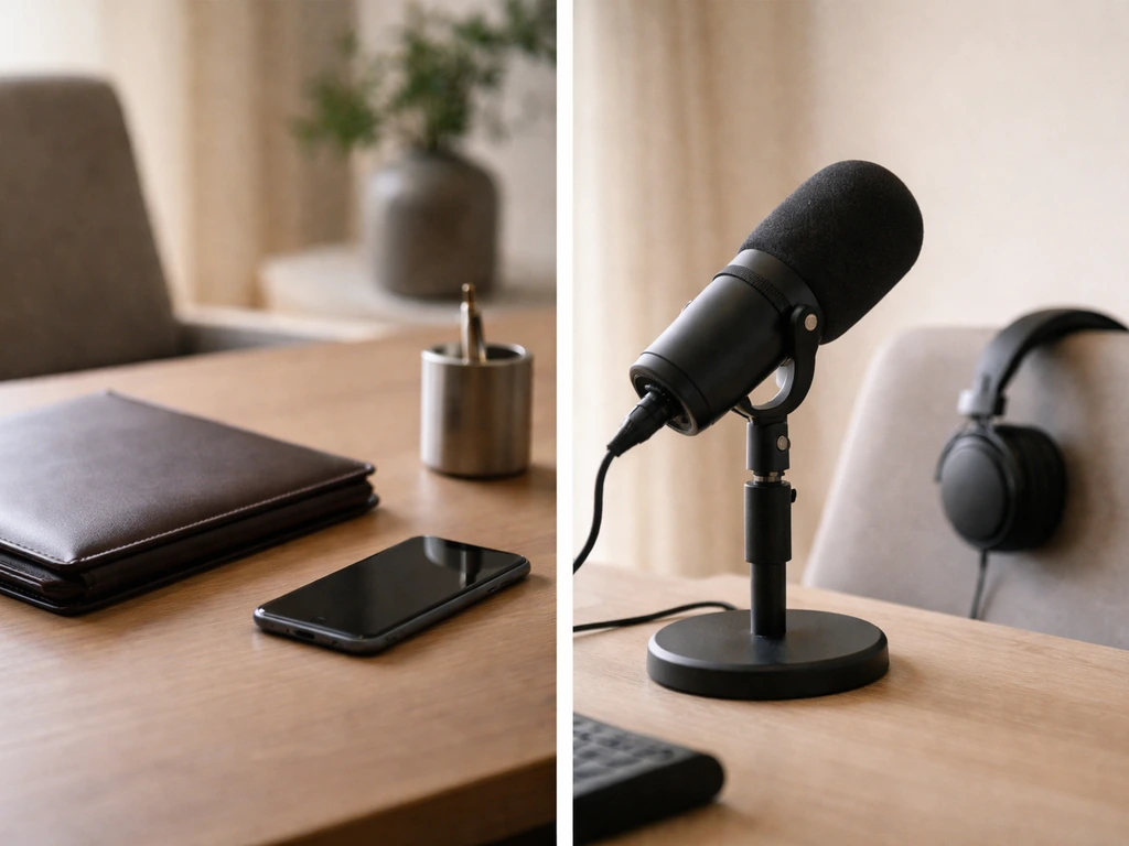 Minimal two-scene office and media studio desk setup symbolizing executive identity disambiguation.