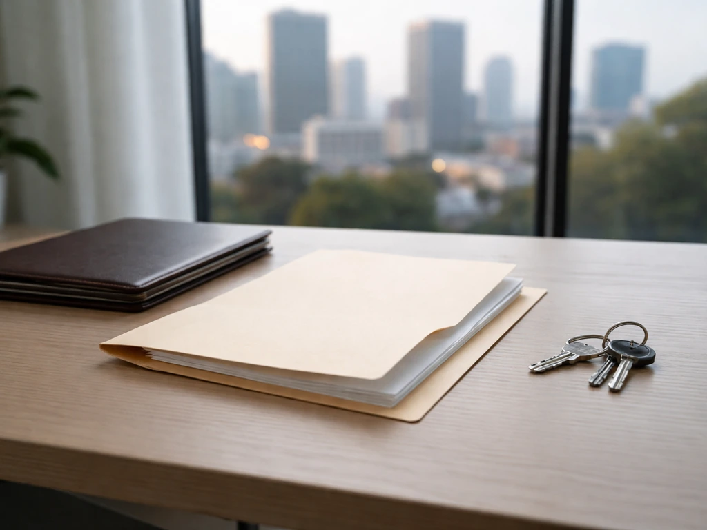 Minimal photo of a tidy desk with a closed folder and a city skyline view suggesting public records and assets