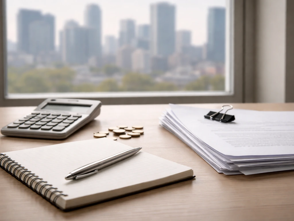 Desk with calculator, coins, and documents near a window, suggesting careful financial estimation and reliability.