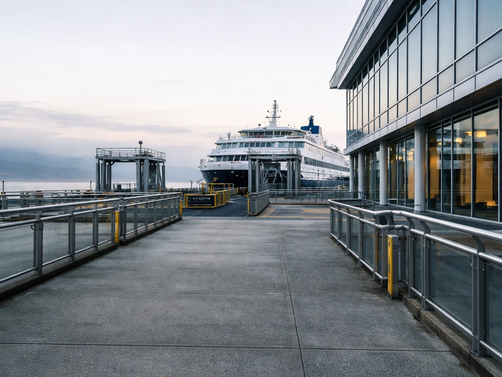 Quiet Canadian ferry terminal with an executive-business atmosphere, evoking corporate leadership and finance verificati