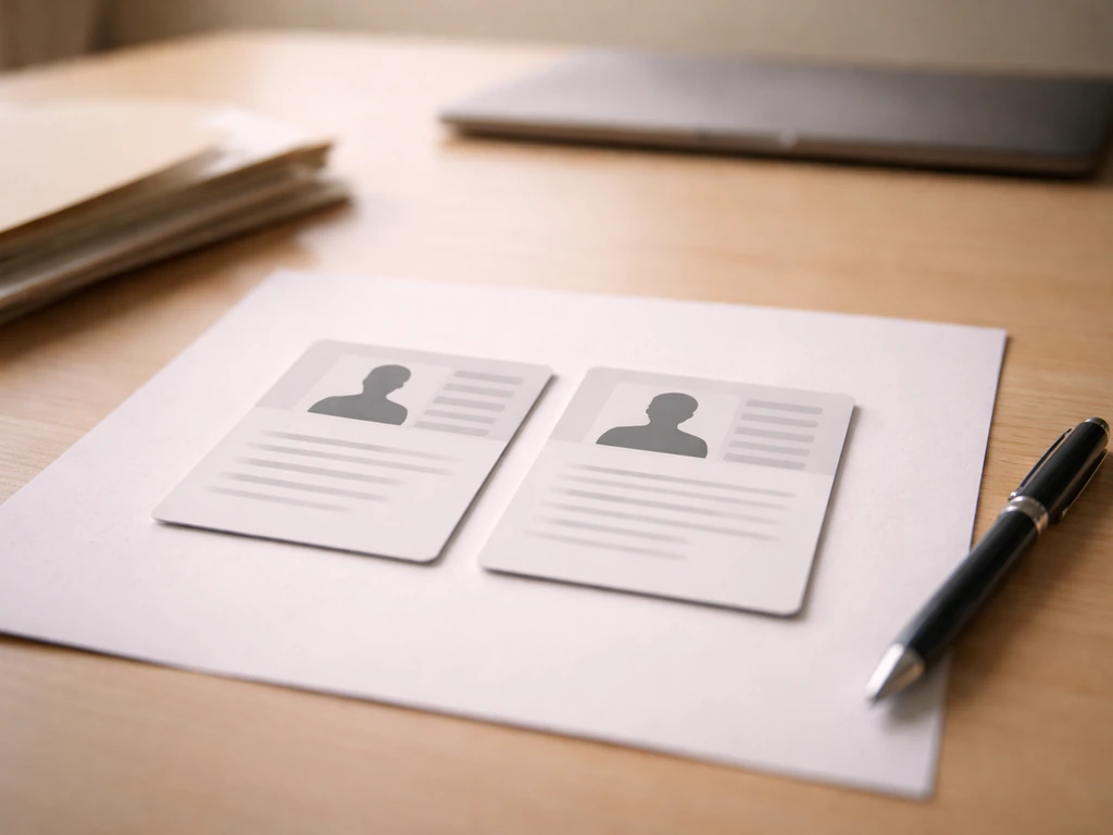 Two anonymous identity cards on a desk beside a laptop, symbolizing name confusion and verification