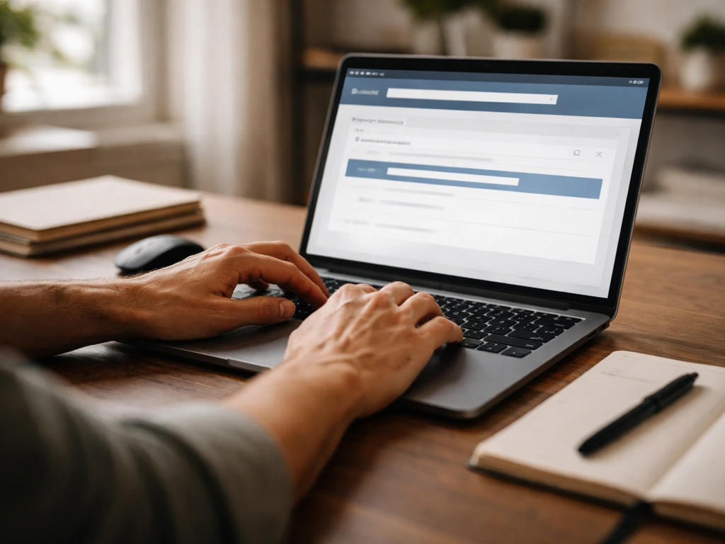 Anonymous hands reviewing a land-title property records search on a laptop screen with one highlighted result.