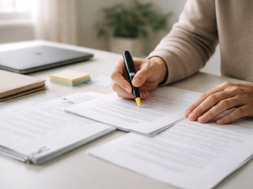 Close-up of an anonymous person’s hands comparing papers and a laptop with business documents