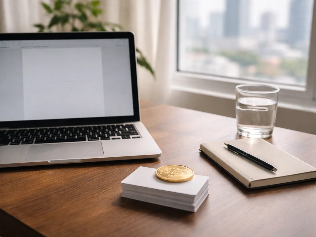 Minimal tech office desk with a laptop and gold coin symbolizing net worth verification
