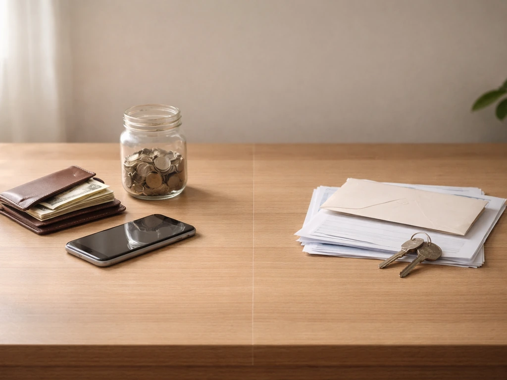 Minimal desk scene with wallet, cash, and a single envelope beside scattered bills and paperwork