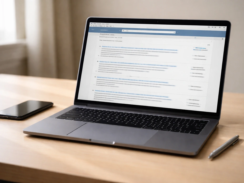 Minimal desk photo with laptop open and a generic EDGAR-style search results page glow.