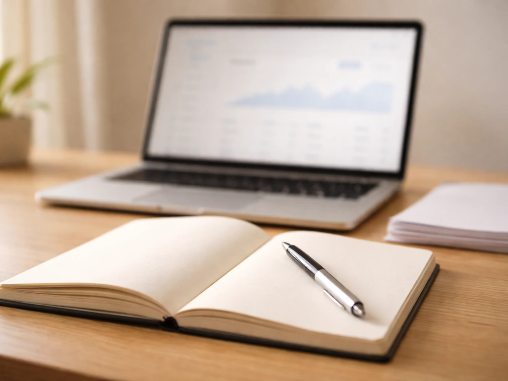 Close-up of a notebook and pen beside a laptop showing an anonymous equity stake concept