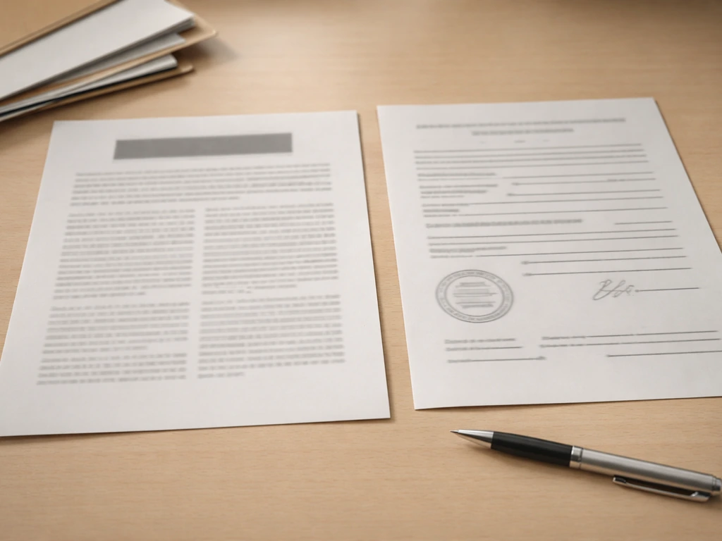 Minimal collage showing blurred press-style papers and a generic official registry-style document panel
