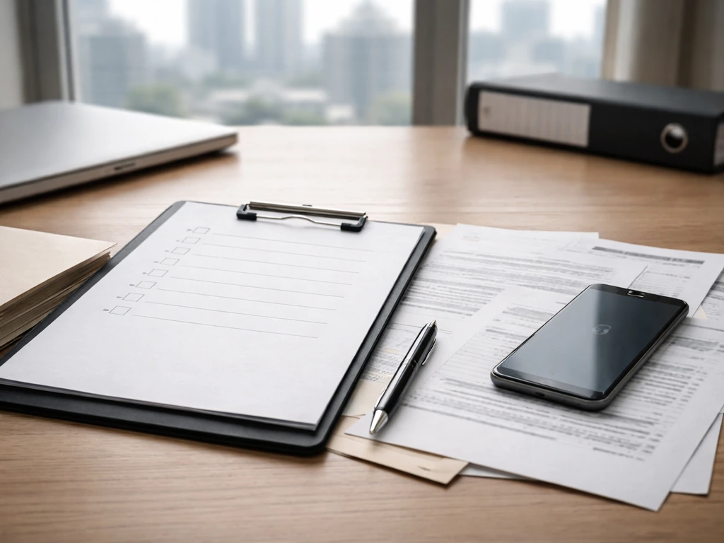 Minimal desk scene with paperwork and a smartphone showing a verification checklist for public records