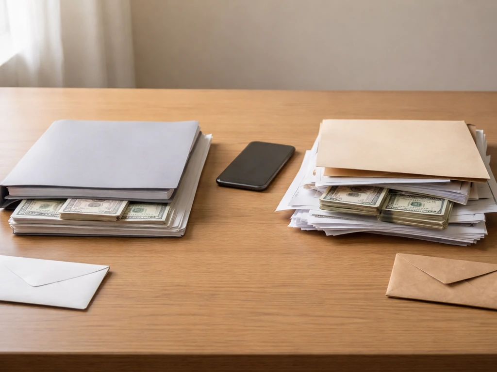 Minimal office desk with two contrasting money-related envelopes suggesting conflicting net worth figures