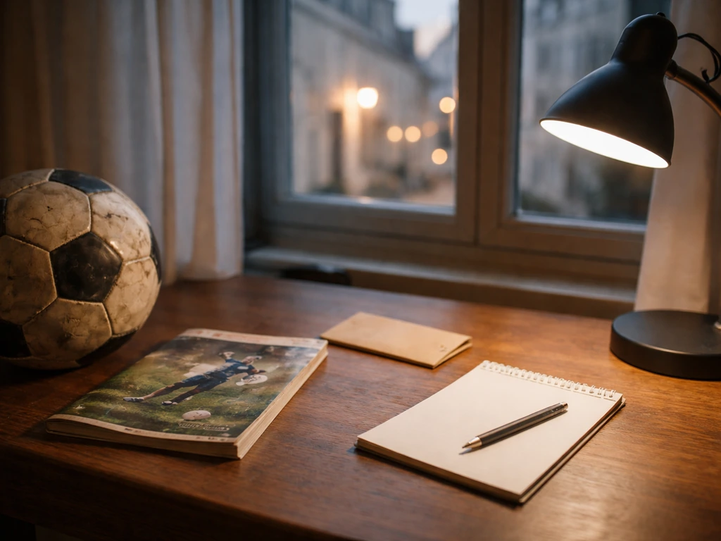 Modest, non-branded football-themed office desk with worn notebook and small cash envelope near a window