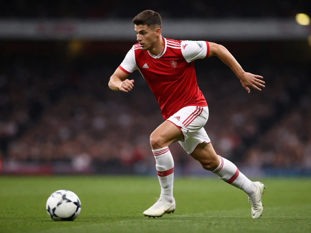 Footballer in an Arsenal-style kit sprinting during a match under stadium lights