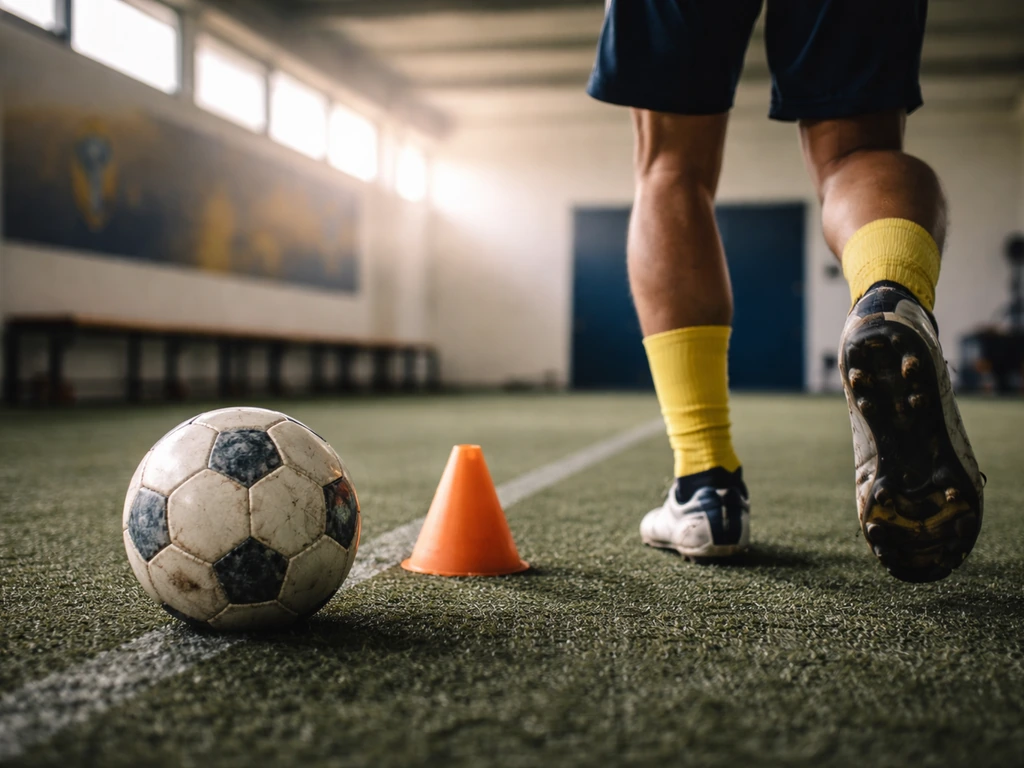 Anonymous football training scene with boots and ball inside a modern club facility, no identifiable person.