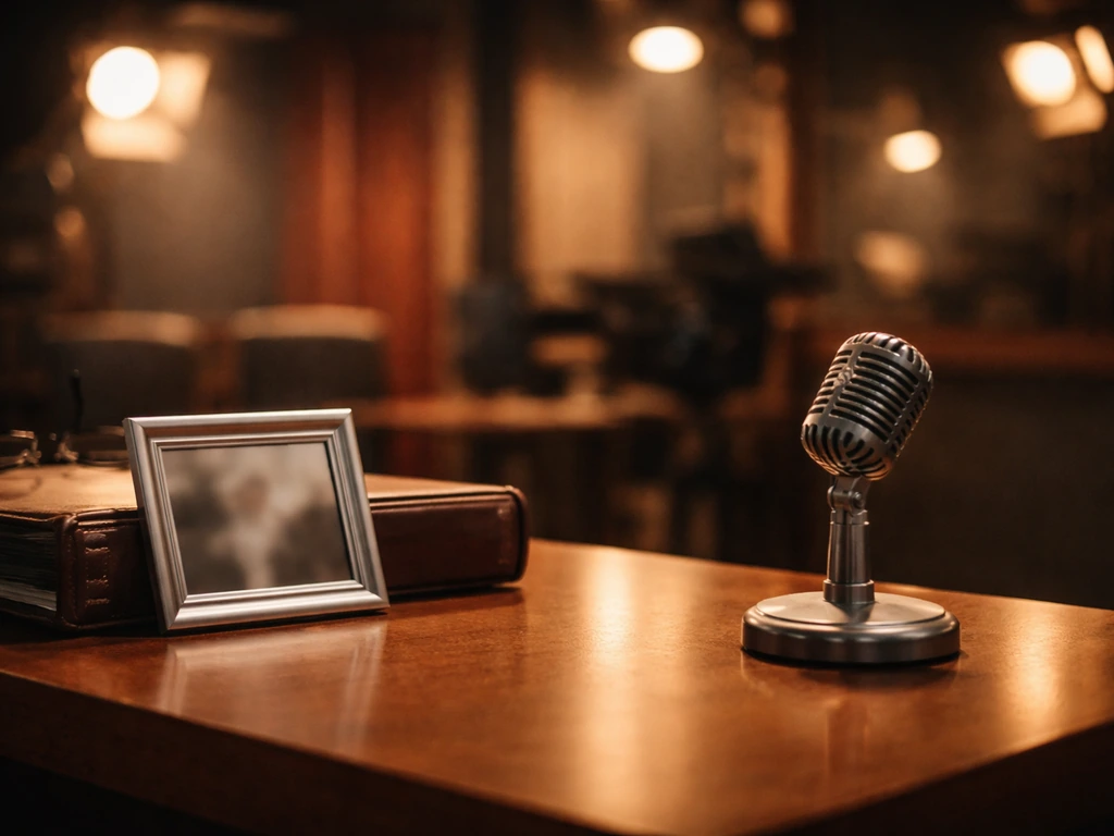 Vintage TV studio desk with a microphone and blurred lights, symbolizing classic legacy and finances.