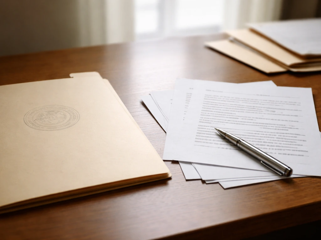 Close-up of unreadable probate/estate documents and a pen on a simple desk, representing verified financial records.