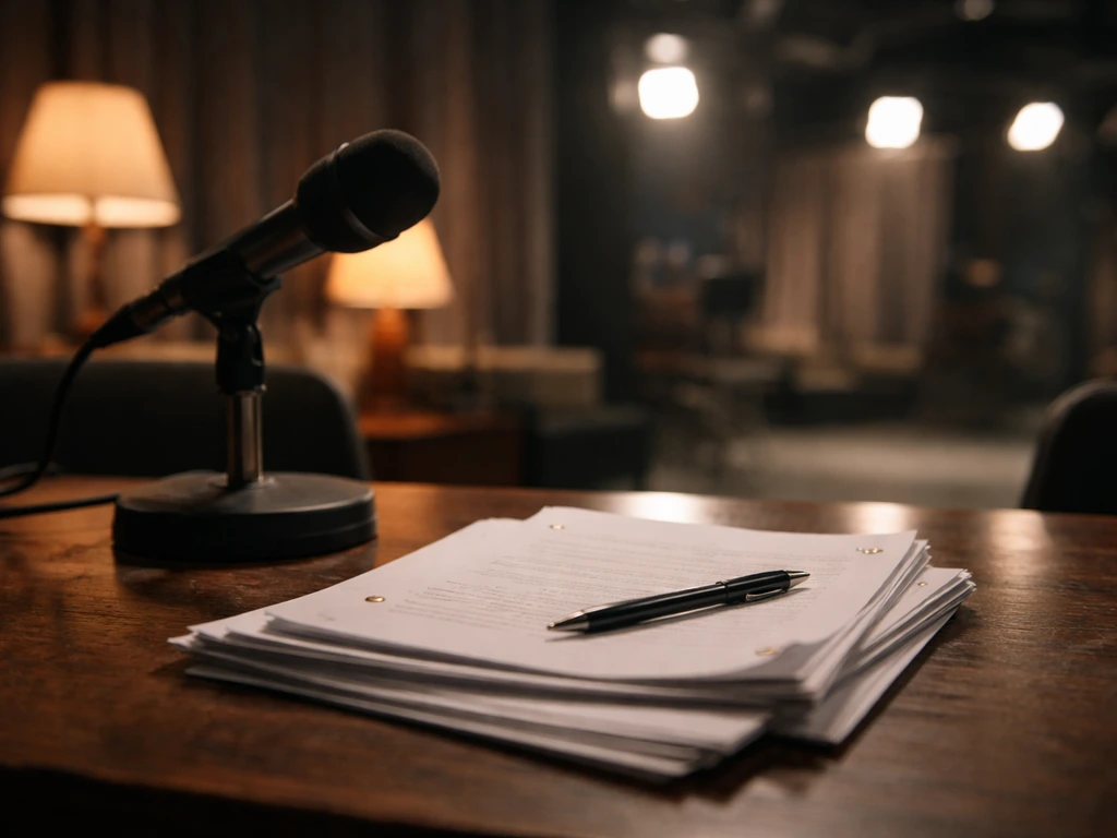 Vintage TV studio desk with microphone and blurred stage lights, symbolizing career milestone earnings