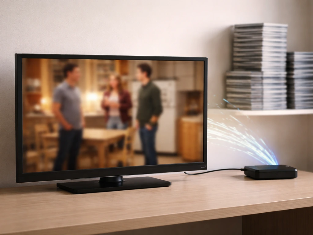 TV on a desk with blurred rerun imagery and media discs suggesting syndication residuals flow