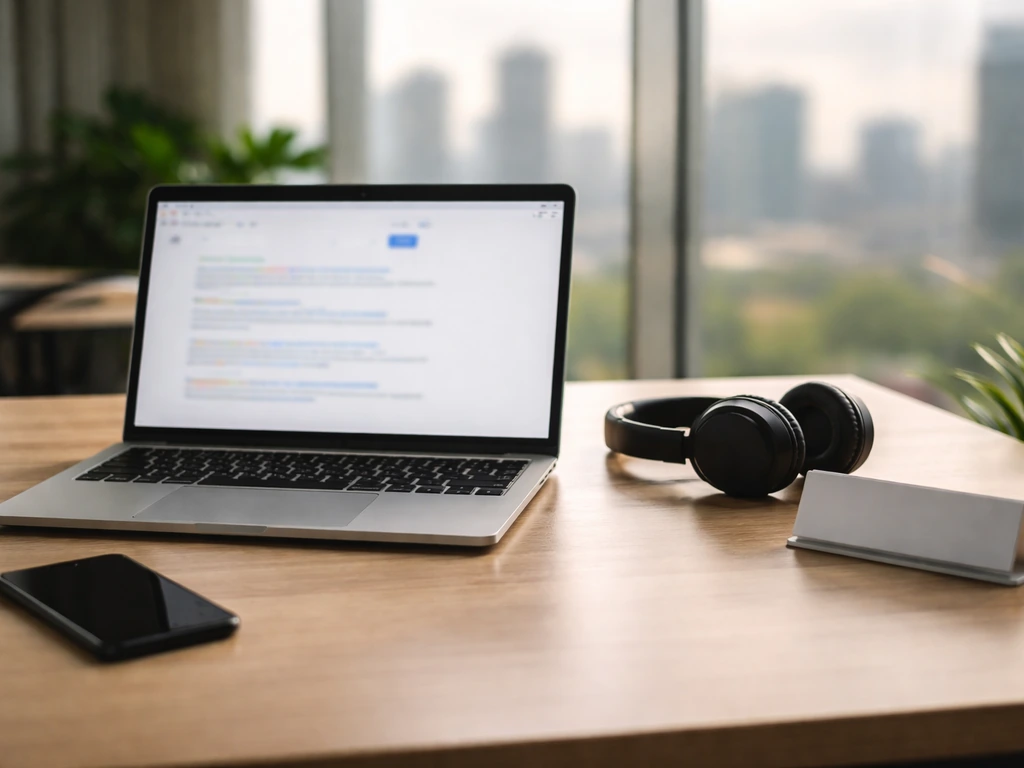 Modern office desk with laptop and phone blurred, symbolizing identifying the right person in online search.
