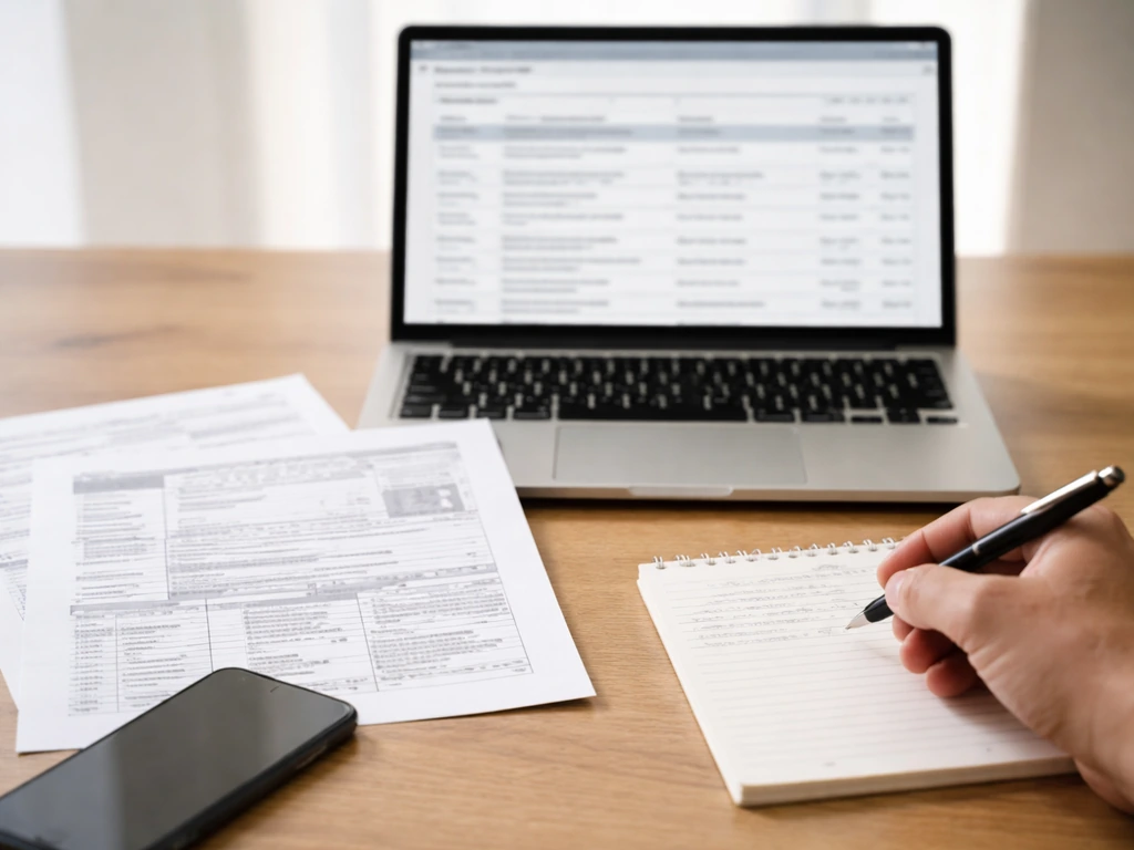 Laptop displaying generic government registry-style document search results with printed property records and notes.