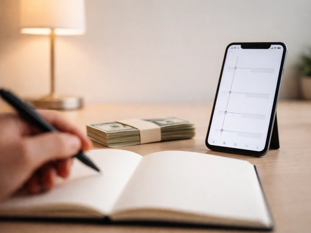 Close-up of an open notebook with cash and a smartphone showing changing finance dates, no text